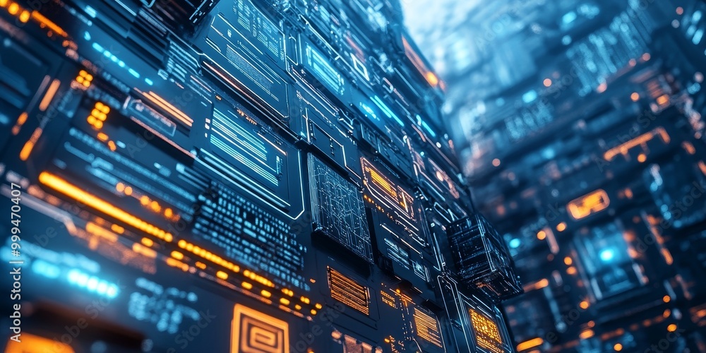 Poster a building with smart technology, featuring robotic elements, ai integration, and a sleek, modern ae