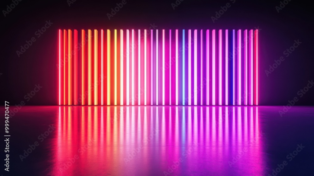 Poster a vibrant display of colorful neon lights reflecting on a glossy surface, creating a mesmerizing vis