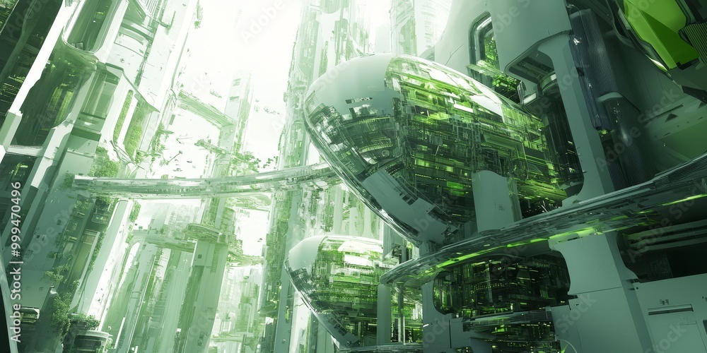 Poster a visionary building design in a futuristic city, featuring robotic elements, ai integration, and sl