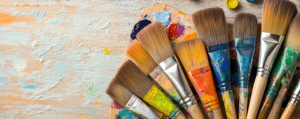 Fototapeta premium A vibrant collection of paintbrushes arranged artistically on a textured surface, perfect for creativity and inspiration.