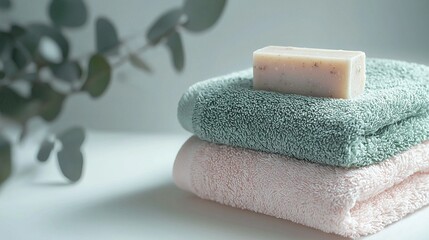   Three towels layered on top of one another, with a bar of soap resting atop one of them