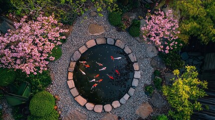 Tranquil Garden Pond with Colorful Koi Fish