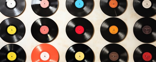 A vibrant collection of vinyl records arranged artfully, showcasing diverse colors and labels, perfect for music lovers and retro decor.