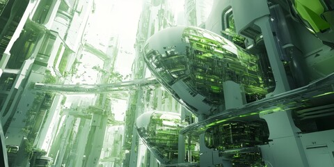 Obraz premium a visionary building design in a futuristic city, featuring robotic elements, AI integration, and sleek architectural aesthetics.