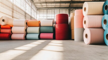 A vibrant display of rolled textile materials arranged neatly in a warehouse, showcasing various colors and textures.