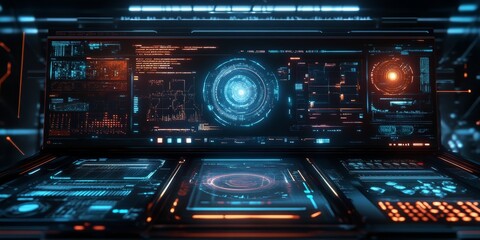 Fototapeta premium Futuristic spacecraft dashboard with interactive holograms, live data streams, and celestial navigation tools.