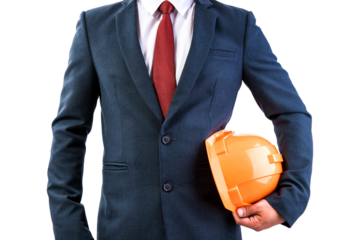 Businessman holding orange safety helmet on transparent background