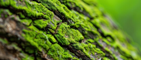 Mossy Tree Bark Close-Up, an intimate glimpse of lush green moss enveloping rugged tree bark, highlighting earthy textures and vibrant tones in a serene natural setting