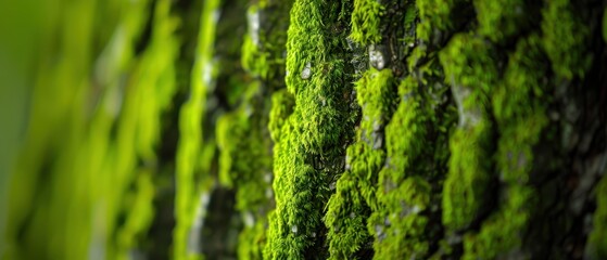 Mossy Texture on Tree Bark, a close-up of vibrant green moss enveloping rugged tree bark, highlighting earthy tones and organic details in a strikingly rich composition.