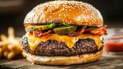   A cheeseburger with bacon, pickles, and cheese on a wooden cutting board, next to French fries