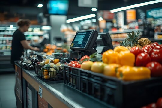 Cashier Scanning Groceries at a Supermarket Checkout Counter with Advanced Point of Sale Technology