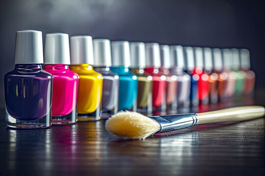 Neatly Arranged Nail Polish Bottles in Flat Design Style, Featuring a Brush in the Foreground &ndash; Emphasizing the Simplicity and Elegance of Beauty for Cosmetic Enthusiasts