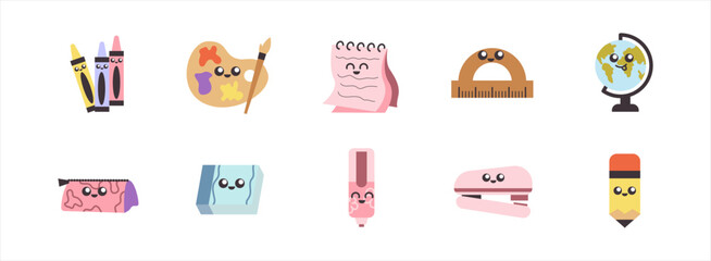 Cute School Equipment Sticker flat illustration set. Vector art illustration isolated.