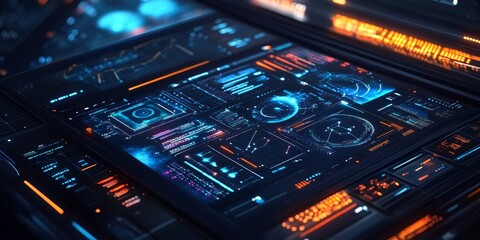 Obraz premium A futuristic app interface designed for space missions, with interactive star charts, real-time data streams, and sleek, glowing controls.