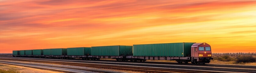 Obraz premium A vibrant sunset backdrop highlights a freight train transporting green cargo containers across an open landscape.