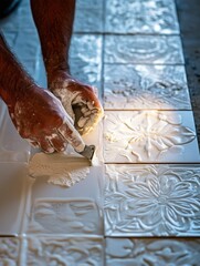 Worker Laying Ceramic Tiles on Bathroom Floor