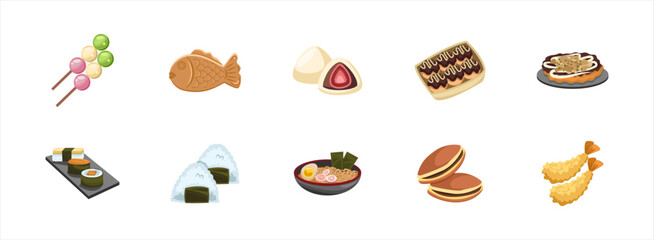 Japanese Food flat illustration set. Include of food, meal, cuisine, japanese, and gourmet. Vector illustration isolated.