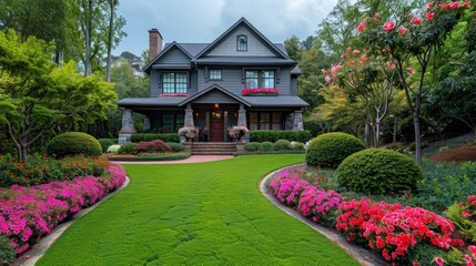 Fototapeta premium Beautiful backyard landscape design in the garden,Some flowers and nicely trimmed bushes on the leveled front yard 