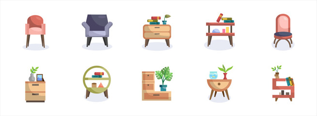 Modern Furniture flat illustration set. Include of contemporary, interior, furniture, and decoration. Vector illustration isolated.