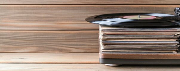 A vintage vinyl record resting on a stack of classic albums against a wooden backdrop, evoking nostalgia and timeless music.