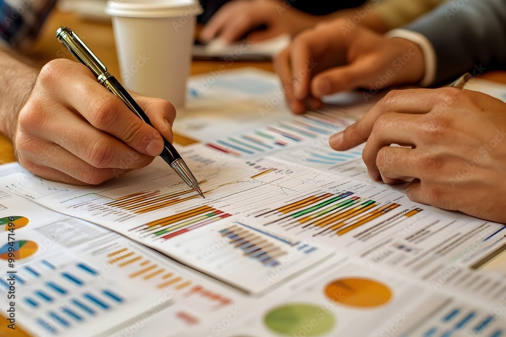 Poster close up of hands pointing to business analytics charts and graphs during team meeting