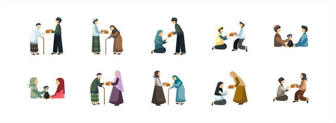 Ramadan Charity flat illustration set. Include of muslim, charity, ramadan, holy, and giving. Vector illustration isolated.