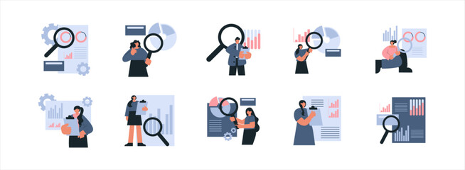 Fototapeta premium Research and Development (RnD) flat illustration set. Include of engineer, development, research, technology, and laboratory. Vector illustration isolated.