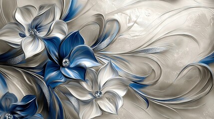   Blue and white flowers on a gray canvas with a diamond at center petals