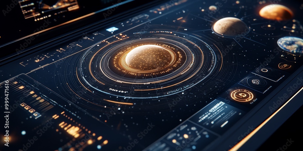 Poster a space-themed interactive UI with real-time orbit tracking, touch-sensitive controls, and 3D celestial visualizations.