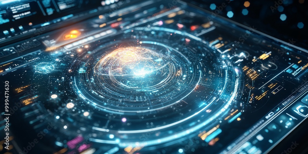 Poster Futuristic interactive interface, blending space navigation tools with responsive holographic displays and dynamic cosmic data.