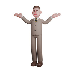3D Male Lawyer Character in Action. A male lawyer is standing with both arms spread parallel to his shoulders and both palms open facing upwards. Professional