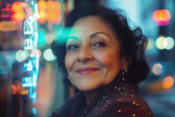 Smiling mature woman with city lights