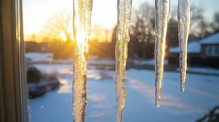   Icicles dangling from window; car in background; house blanketed by snow in foreground