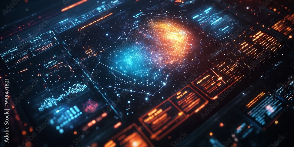 Poster A detailed layout for a space-themed interface, showcasing interactive star maps, glowing data panels, and real-time celestial data.