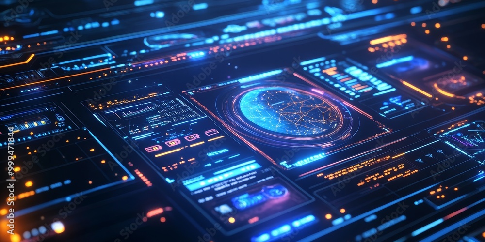 Poster a futuristic design featuring space-themed tech elements, with glowing holograms, interactive star m