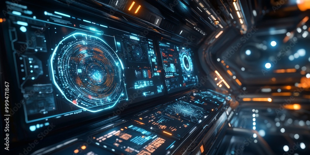 Aufkleber a futuristic design featuring space-themed tech elements, with glowing holograms, interactive star m