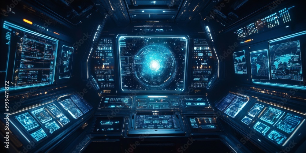 Poster a futuristic design featuring space-themed tech elements, with glowing holograms, interactive star m