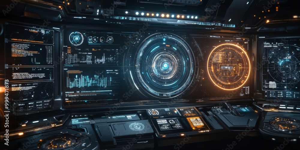 Poster Futuristic UI layout designed for space missions, featuring responsive holographic elements, orbit controls, and dynamic celestial visualization.