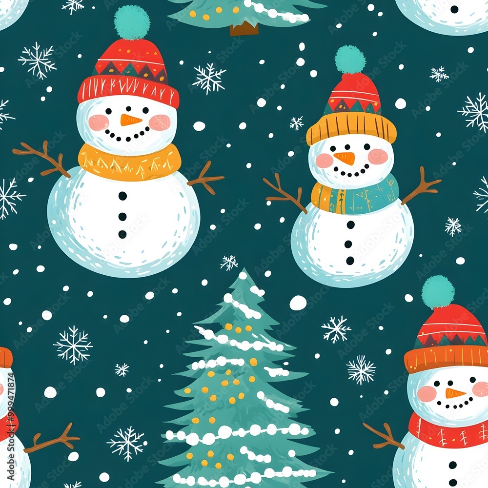 Poster Continuous Minimal Snowman Pattern with Falling Snowflakes and Trees