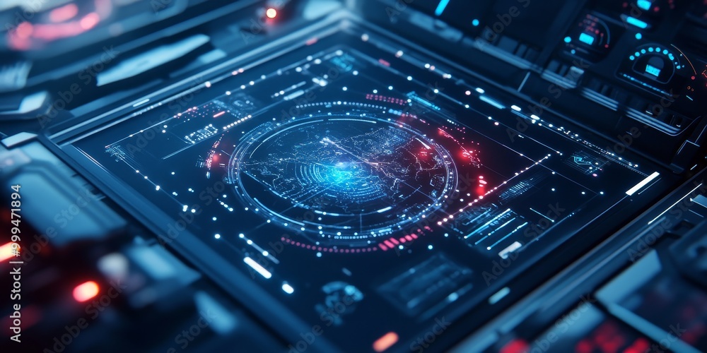 Poster a futuristic design featuring space-themed tech elements, with glowing holograms, interactive star m