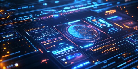 Obraz premium A futuristic design featuring space-themed tech elements, with glowing holograms, interactive star maps, and sleek data panels.