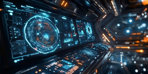Fototapeta premium A futuristic design featuring space-themed tech elements, with glowing holograms, interactive star maps, and sleek data panels.