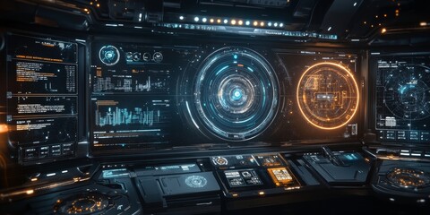 Obraz premium Futuristic UI layout designed for space missions, featuring responsive holographic elements, orbit controls, and dynamic celestial visualization.