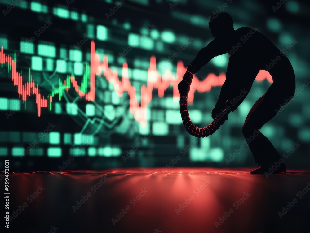 Poster Abstract representation of a figure manipulating financial data with stock market charts in the background.