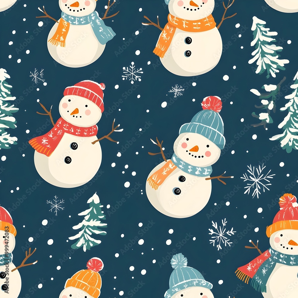 Poster continuous pattern of colorful snowmen with festive hats and scarves surrounded by falling