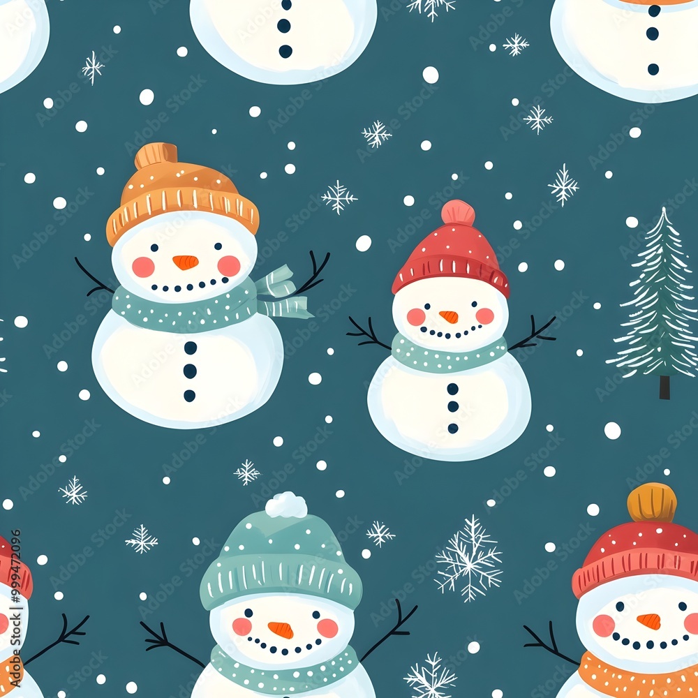 Poster continuous pattern of colorful snowmen with scarves and hats surrounded by snowflakes and evergreen
