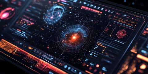 Fototapeta premium A futuristic tech interface with space-inspired design elements, including holographic controls, dynamic star fields, and responsive data visualization.