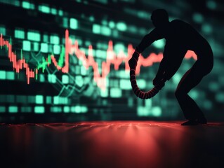 Abstract representation of a figure manipulating financial data with stock market charts in the background.