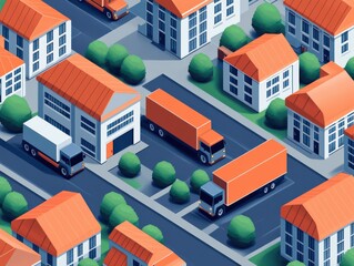 Aerial view of a cityscape with trucks parked near modern buildings featuring orange roofs and green trees lining the streets.