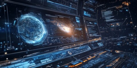 Fototapeta premium Detailed view of space-themed tech design elements, showcasing interactive holograms, real-time data panels, and advanced celestial tracking.